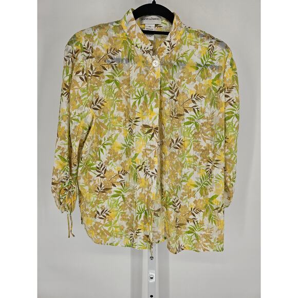 Drapers & Damons Womens Sz PS Petite Button Up Blouse Yellow Green Leaf Print - Picture 1 of 4